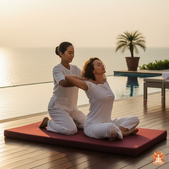 עיסוי תאילנדי - ומתיחות בסגנון יוגה -באוויר הפתוח, סמוך לבריכה ונוף לים